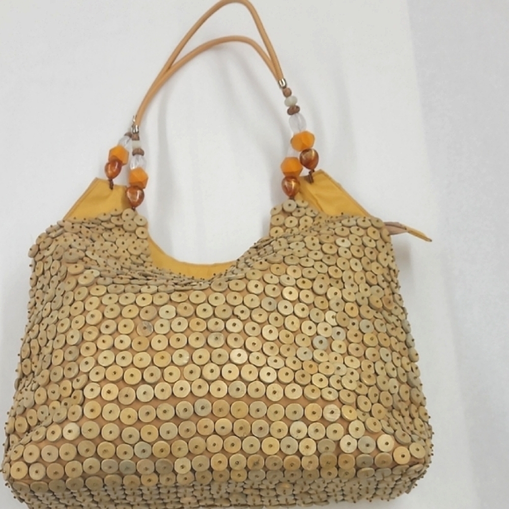 Large Boho Stylish Tan Beaded Hobo Handbag